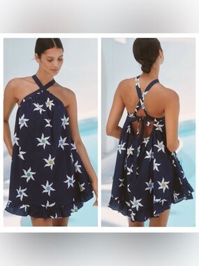 Anthropologie Coastal Halter Ruffle Hem Babydoll Mini Dress NWT XS Beach Summer